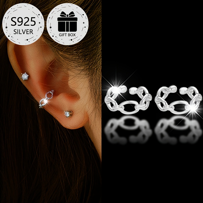 2pcs Geometric Hollow Clip On Earrings 925 Silver Lightweight