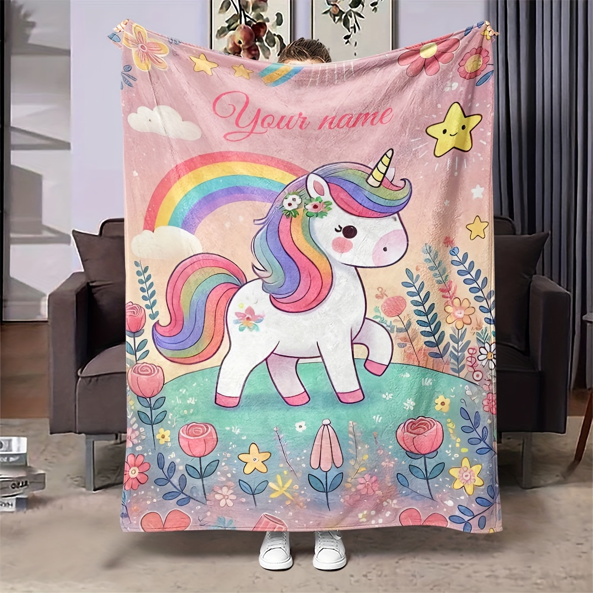 

1pc Personalized Text Customized Blanket. Flower Rainbow Unicorn Print. Warm And Comfortable Flannel Blanket. Decorative Blanket To Color To . Perfect Gift Blanket For All