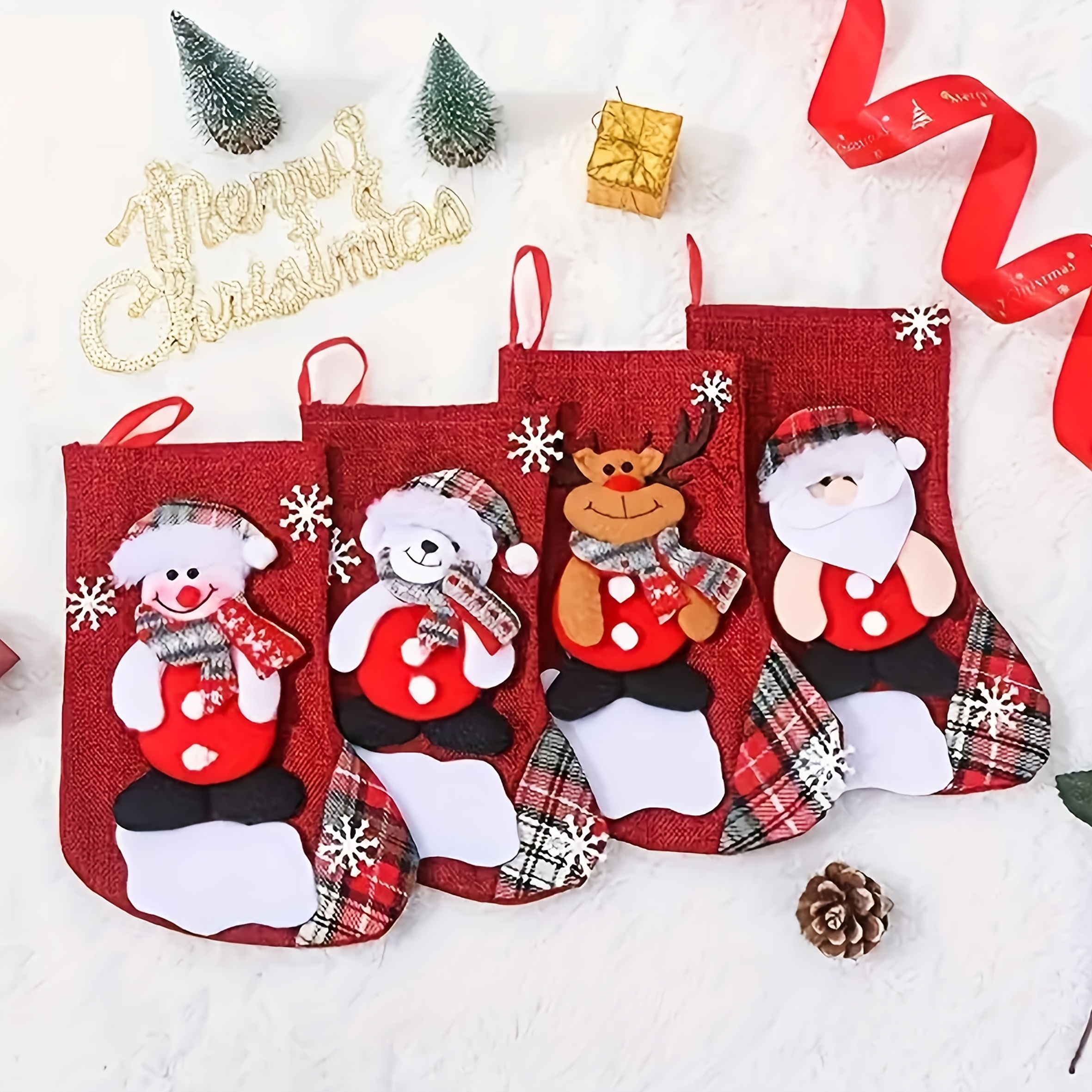 TEMU 4pcs Christmas Stocking Candy Sock Gift Bag Medium Burlap Socks, Christmas Tree Ornament Decor, Christmas Tree Decoration Pendant, Holiday Party