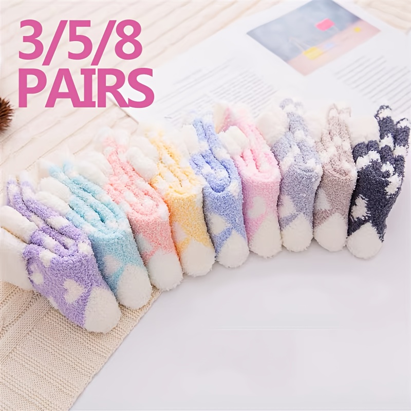 

3/5/8 Pairs Heart Fluffy Floor Socks, Warm Coral Fleece Slippers Home Socks For Fall & Winter, Women's Stockings & Hosiery