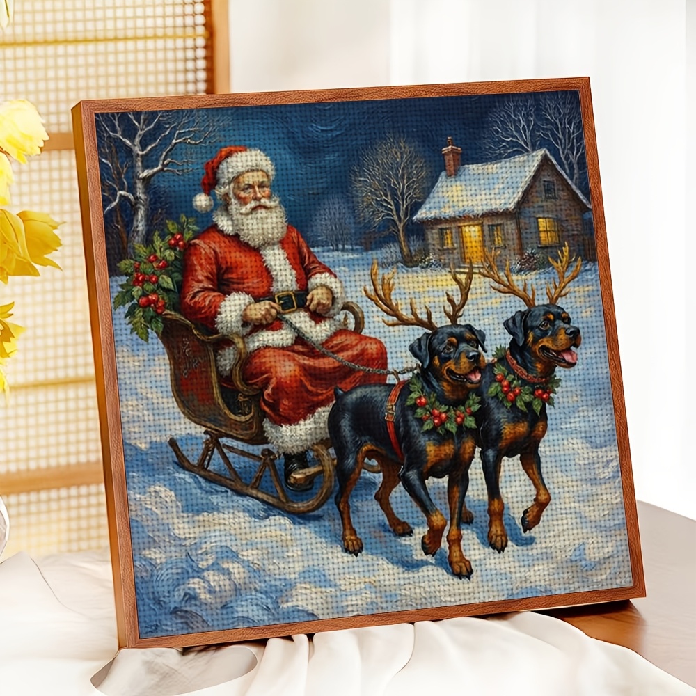 New DIY Cross-Stitch Printed Kit, Santa Pulled by Sled Dogs