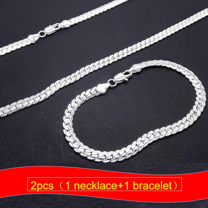 TEMU 2pcs (Collier et Bracelet) Luxe Mode Unisexe Décontracté Cadeau de Fête Chaîne Argentée en Relief Ensemble Collier et Bracelet