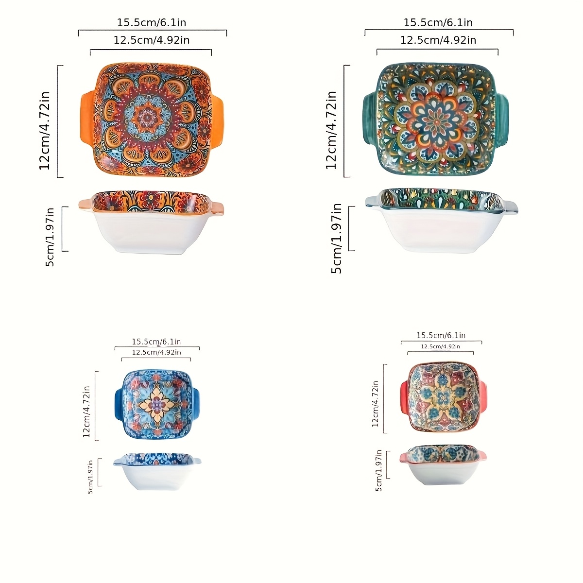 Image of Ntkow 4pcs Bohemian-style Ceramic Double-handle Bowls! High-value Home Tableware With Underglaze Color, Square Design And Dual Handles. Ideal For Housewarming Gifts, Microwave-safe - 6 Inches