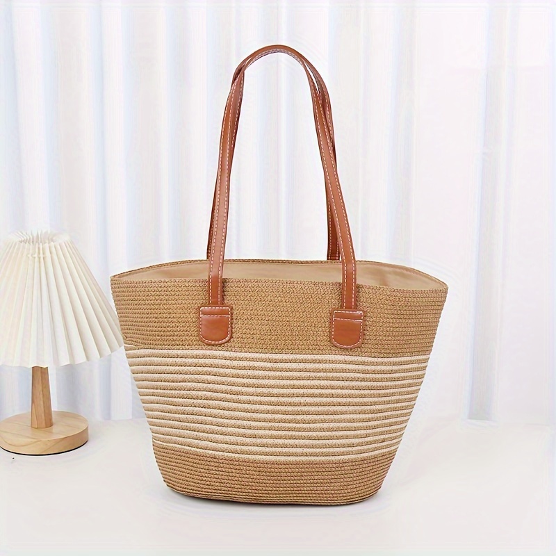 

Woven Straw Tote Bag, Beach Bag With Durable Faux Leather Handles, Summer Vacation Accessory