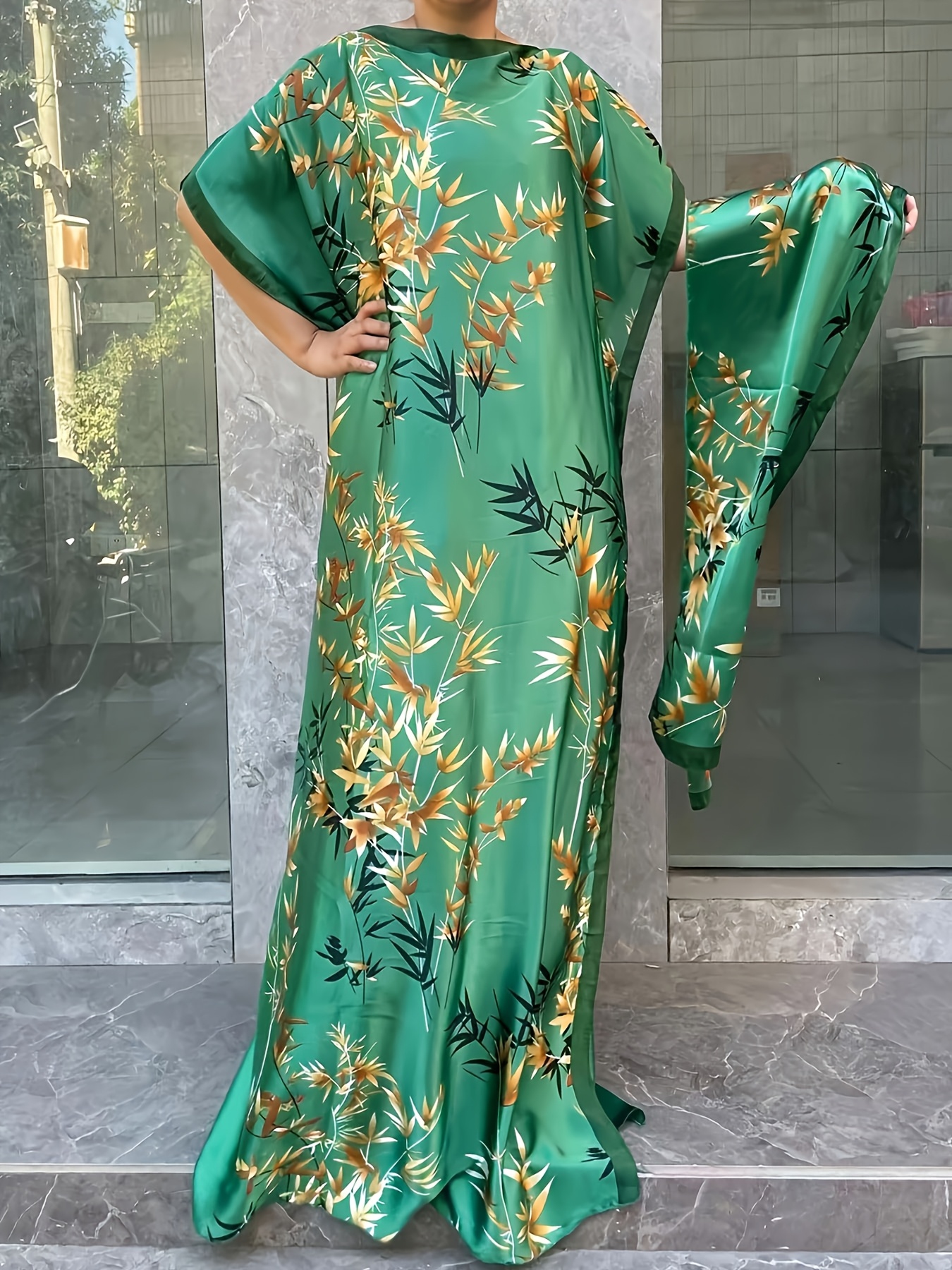 Women'S Plus Size Green Floral Print Tunic Dress with Scarf, Polyester  100%, Crew Neck, Batwing Sleeve, Loose Fit, Long Length, Non-Stretch *  Party Wear