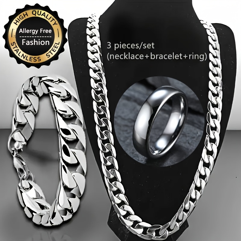 TEMU Juego de 3 piezas: Collar + Pulsera + Anillo - Conjunto de joyería para masculinas, cadena y pulsera en acero inoxidable plateado antialérgica