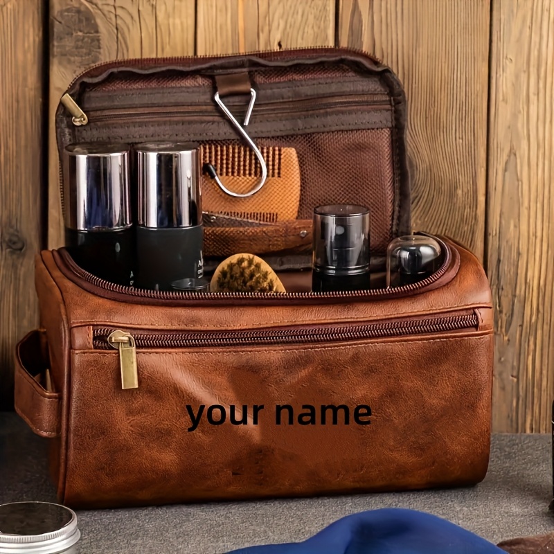 Image of 1 Custom Engraved Men's Toiletry Bag - Organizer With Zipper Closure, Top Handle Strap, And Wet Wipe Cleaning - Brown, Ideal For Birthdays, Anniversaries, And Christmas Gifts, Toiletry Travel Pouch