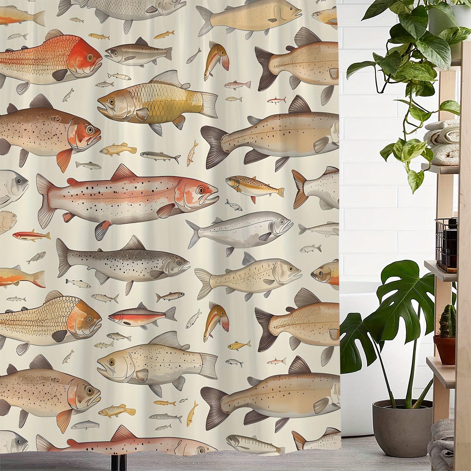 

Vintage Fish Print Waterproof Shower Curtain With 12 Hooks, Machine Washable, Woven Polyester, Water-resistant, Artistic Design, Includes Hook Accessories