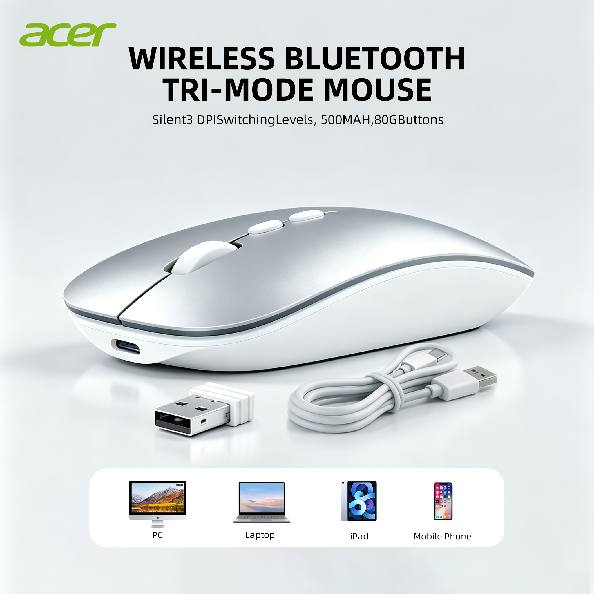 TEMU Acer Tri Mood Mouse Wireless, 2.4g/bt 3.0/5.0 3-in-1 Slim Usb Wireless Mice With Usb Receiver, Small Sized Hands, 800/1200/1600 Adjustable Dpi