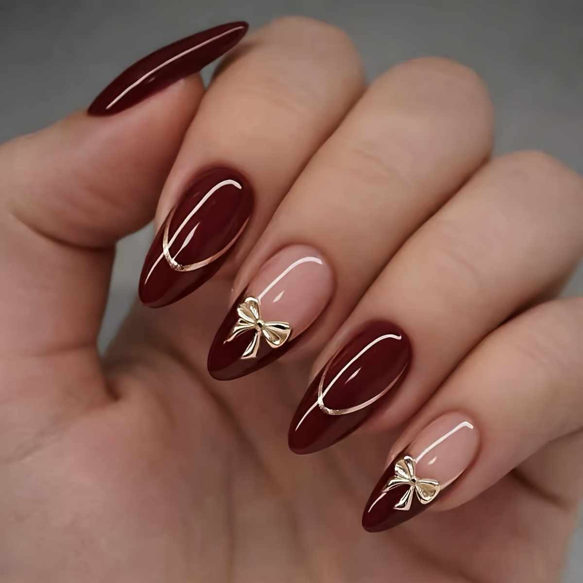 TEMU 24pcs 24pcs Pieces Vintage French Bow Press- Nails Suitable For , Almond Shape Medium Length Red White Detachable Armor Dressing, Machine-