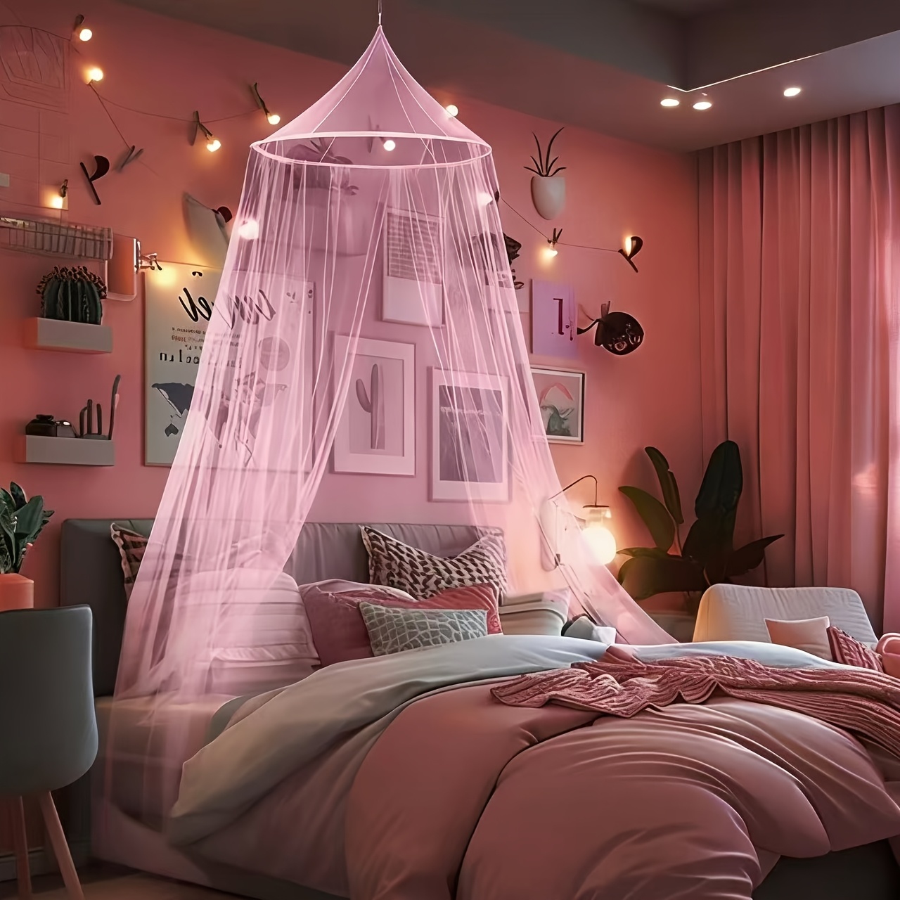 Pink Dome-shaped Net Bed Cover, With Dome-shaped Fine Mesh Fabric, Easy And Breathable Hanging Net Cover, Suitable For Double Beds, Single Beds, And Dormitory Beds
