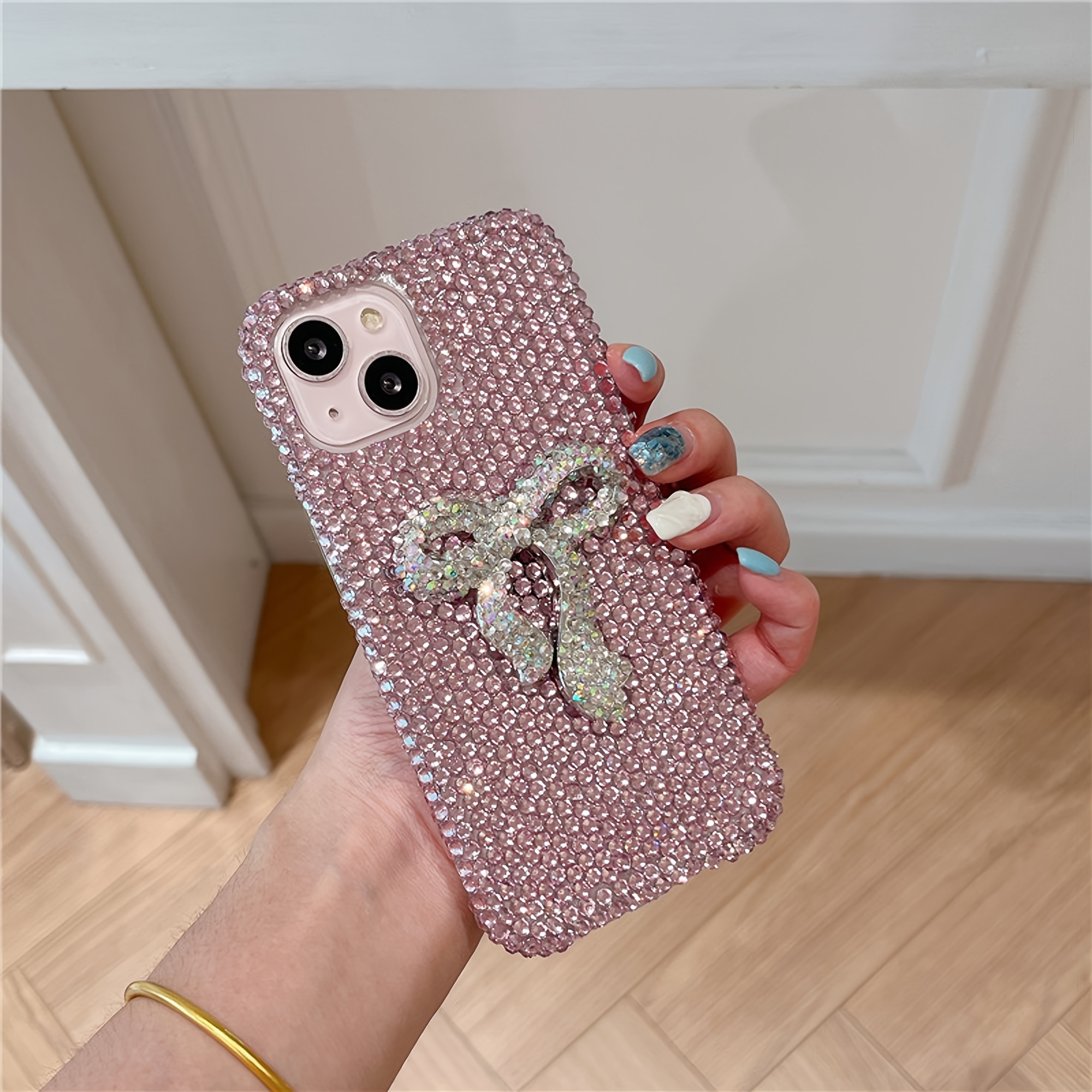 TEMU Phone Case - Full Screen Pink Diamond Phone Case With Bow Suitable For Iphone 15 Pro Max Fashionable Luxurious Rhinestone Bow Iphone Phone Case