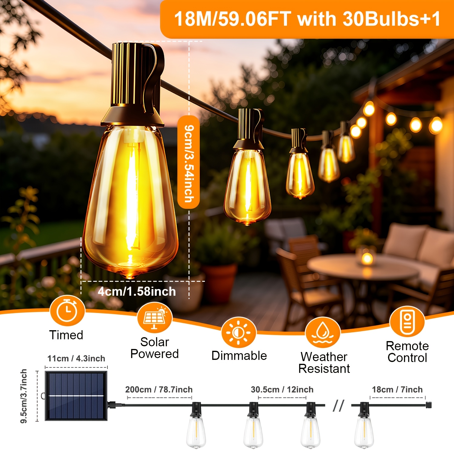 Image of St38 Bulb Outdoor Light String Solar Powered Led Fairy Light Outdoor Garden Fairy Light Outdoor Warm White Outdoor Fairy Light Outdoor Balcony Courtyard Wedding