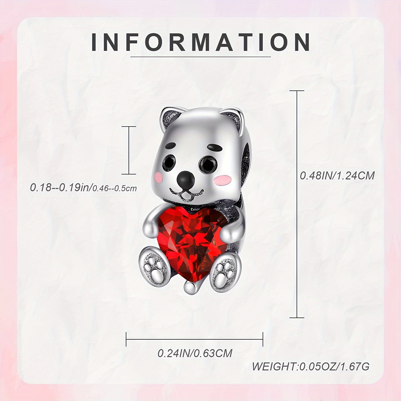 Baby Bear Red Heart Stone Charm 925 Sterling Silver Pendant