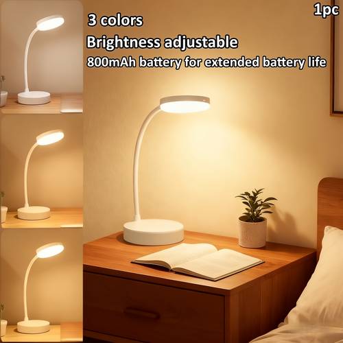this modern led desk lamp night light features adjustable arm three color temperatures adjustable brightness and a usb rechargeable 800mah battery suitable for use in offices study areas dormitories bedrooms desks