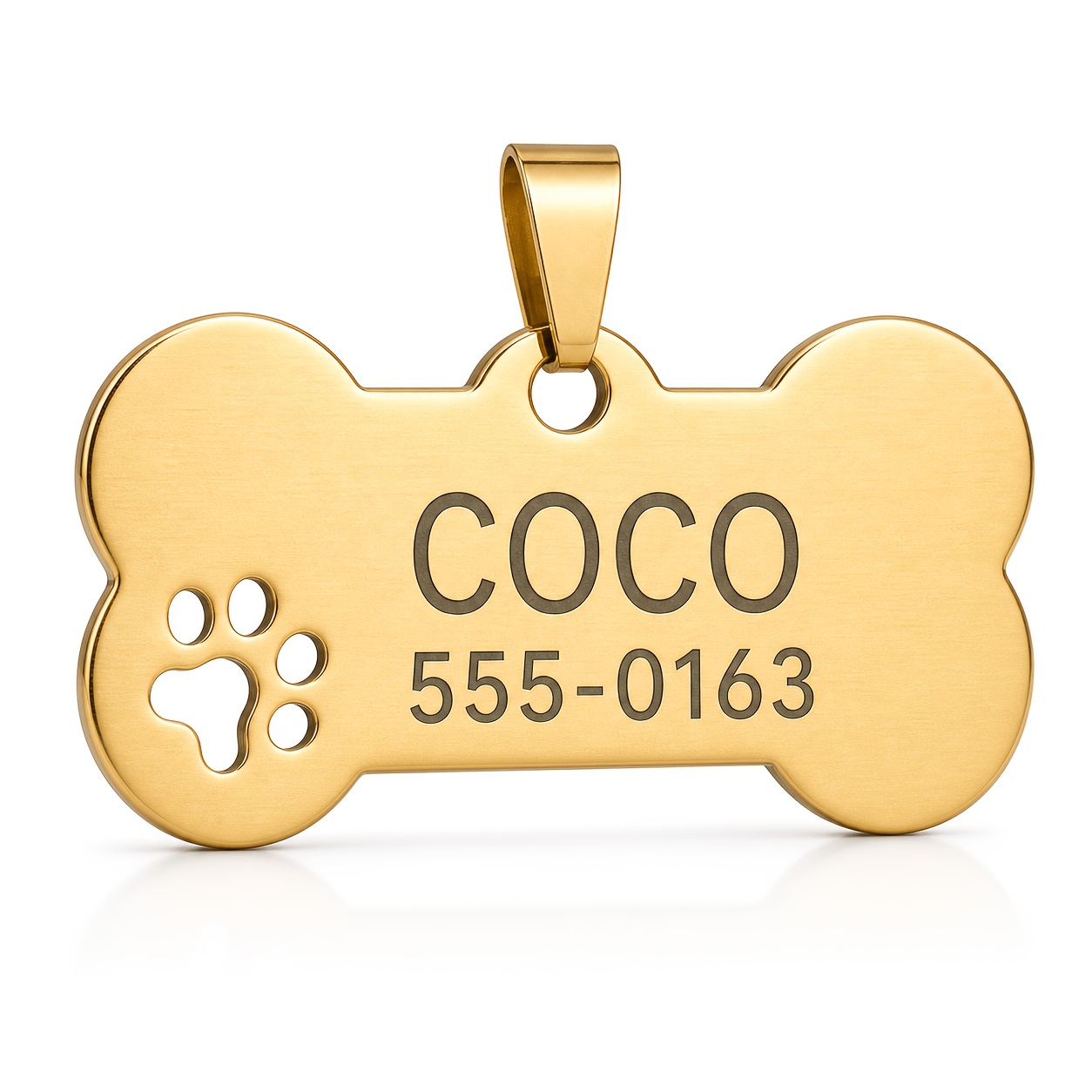 TEMU 1 pieza Etiqueta de identificación personalizable para mascotas de hueso de acero inoxidable con de pata calada, grabada a medida para perros y