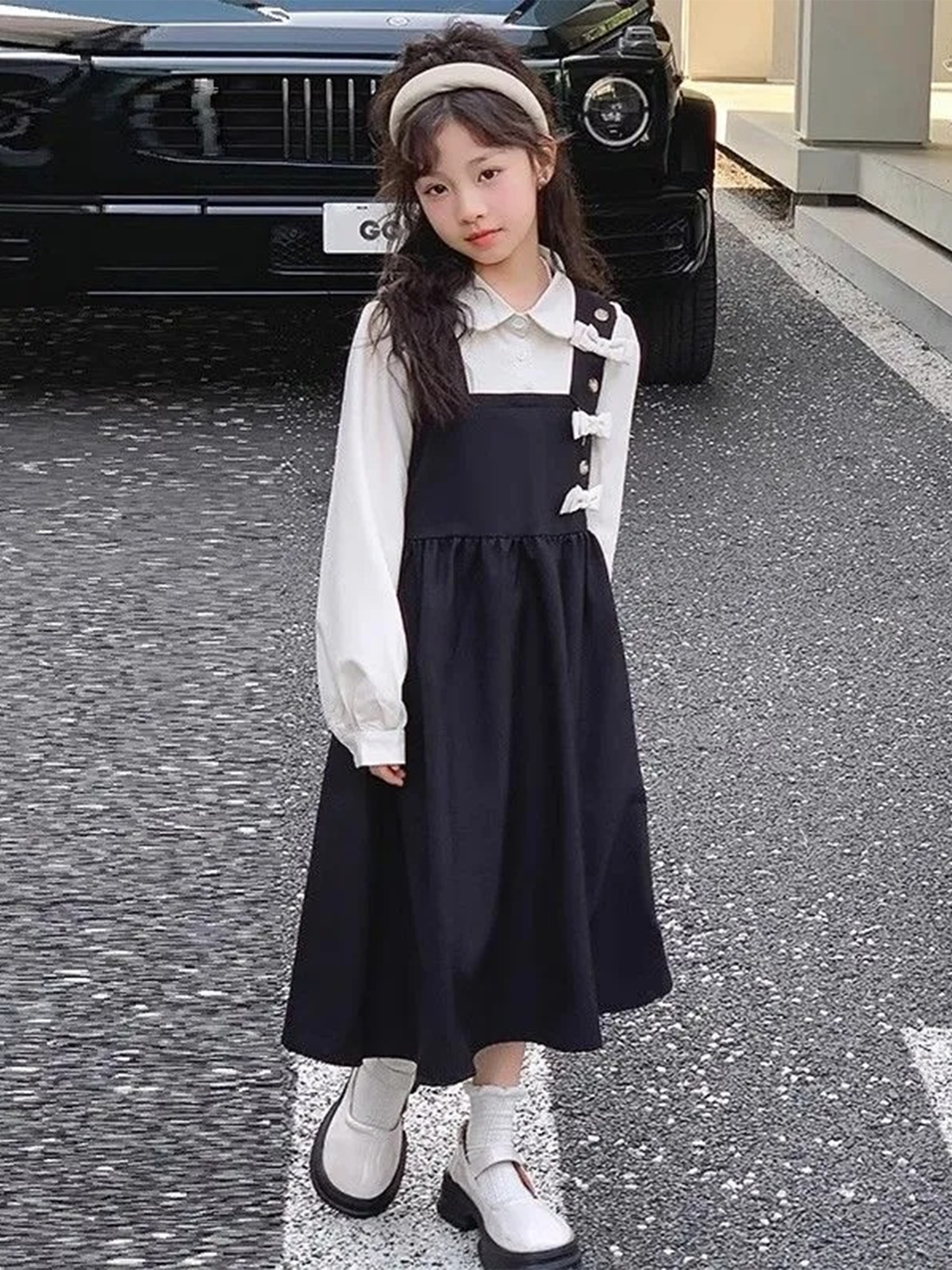 girls preppy style dress with   two-piece design - long sleeve, black & white contrast, bow detail,   spring & fall, casual to formal wear, casual dressing | contrast color dress |   dress Product details 2