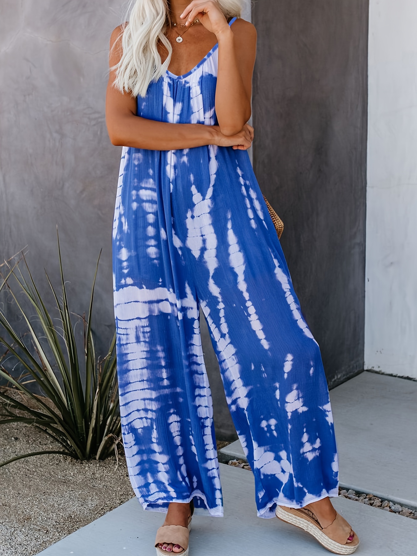 bunte batikdruck-cami-overall, v-ausschnitt-lockerer freizeitoverall für frühling & sommer, damenbekleidung