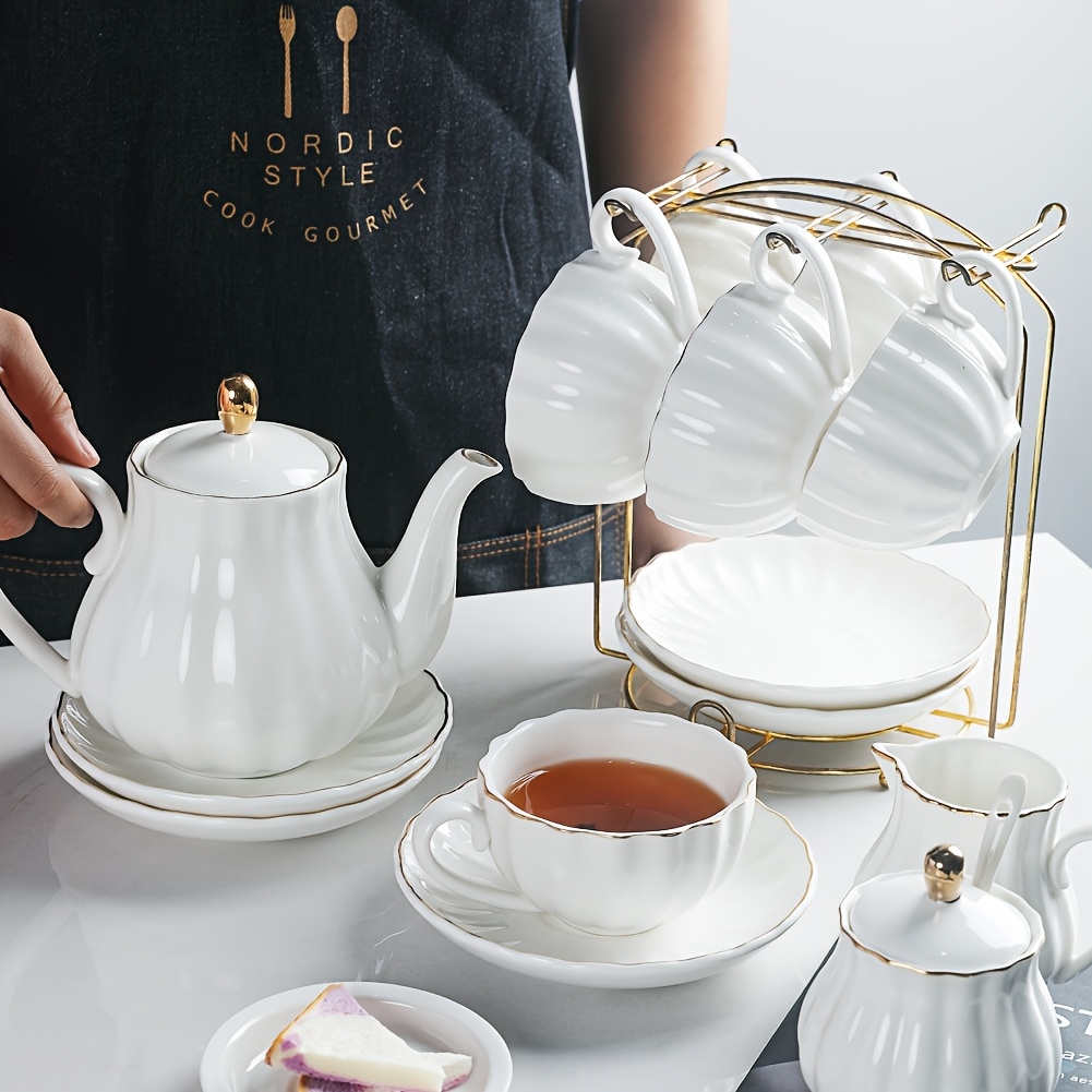 Image of Sweejar Porcelain Tea Sets Series, 8 Oz Cups And Saucer Service For 6, With Teapot Sugar Bowl Cream Pitcher Teaspoons And Tea Strainer, Suitable For High Tea, Wedding, Party