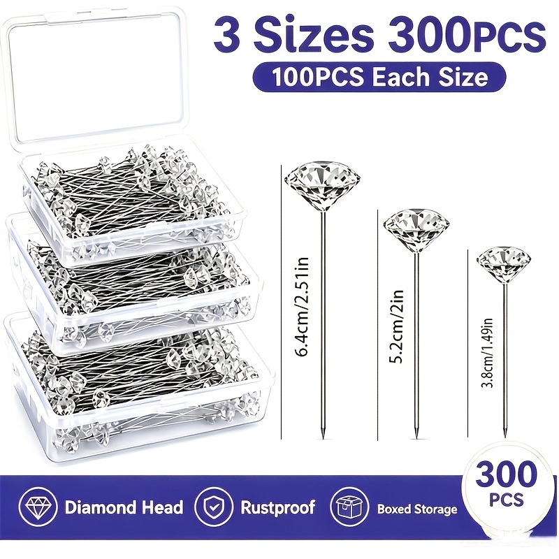 TEMU Lot de 300 épingles florales à strass diamant en 3 tailles 38/52/64mm, 100 pièces/boîte, épingles droites en métal argenté pour en cristal,