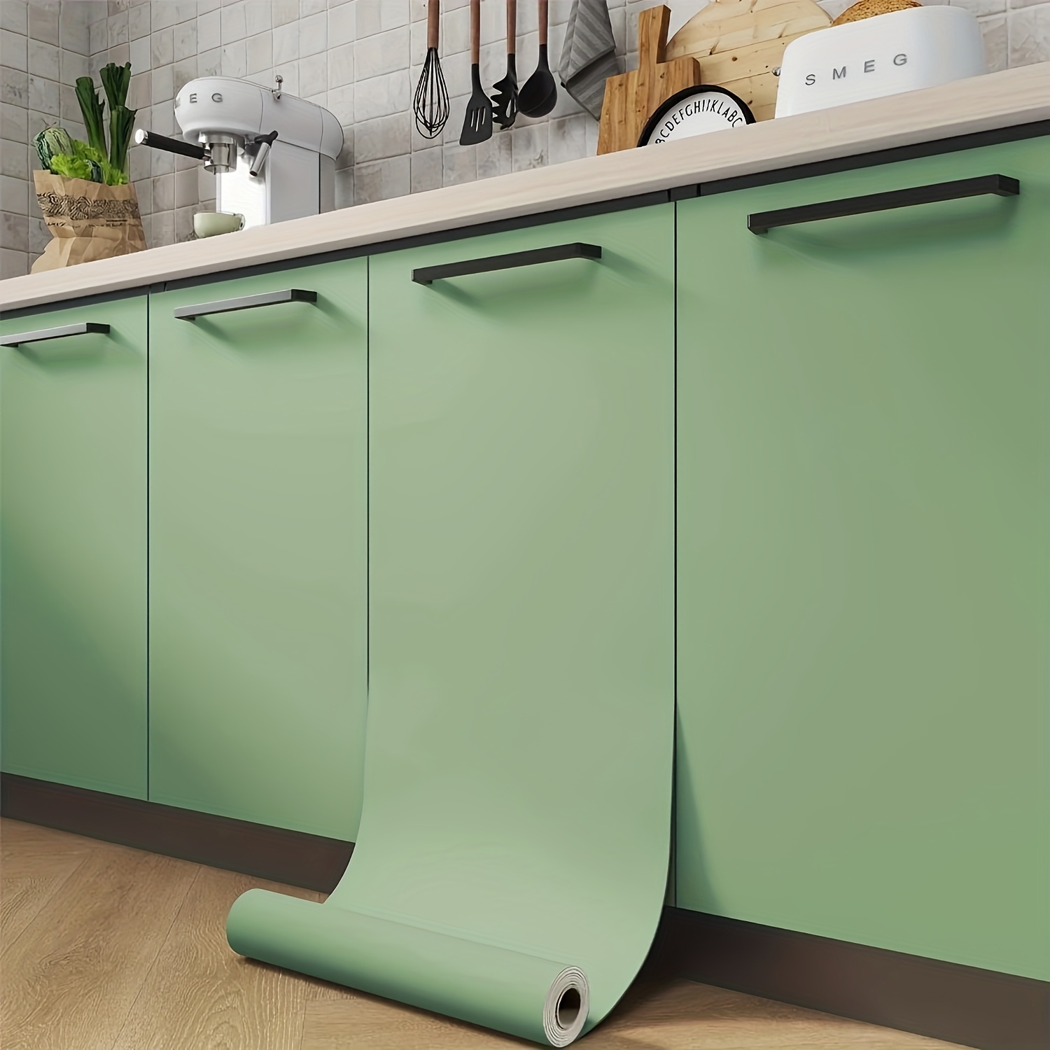Image of 1roll Solid Color Matte Green Frosted Contact Paper Vinyl Self Adhesive Waterproof Wallpaper For Home Decor Peel And Stick Sticker
