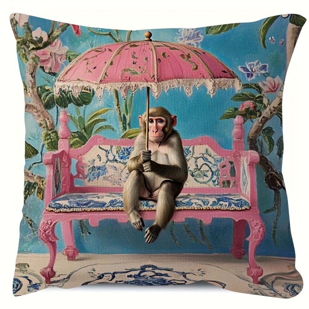 E-shop 1 Stück Vintage Affe in Rosa Chinoiserie Wurfkissenbezug, 18x18 Zoll, Doppelseitiger Dekorationskissenbezug für Sofas, Stühle, Betten, Autos -