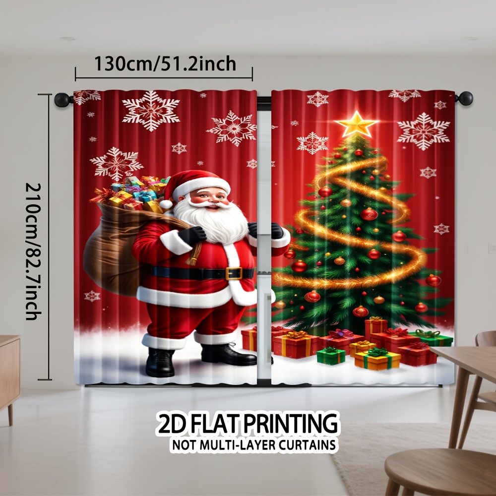 TEMU 2d Flat - 2d Flat, 2pcs Festive Christmas Curtains With Santa Claus Christmas Gifts Print - Polyester Panels For Living Room, Bedroom, Kitchen,