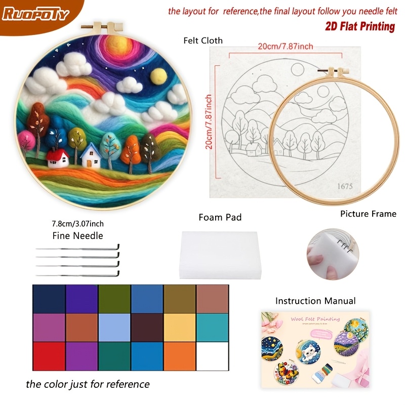 Image of 1 Pack 2d Flat Printing Crafts Wool Needle Felt Painting Colorful Tree House Set Frame Needle Felting Painting Landscape Kit For Home Decoration 20x20cm/7.87x7.87inch