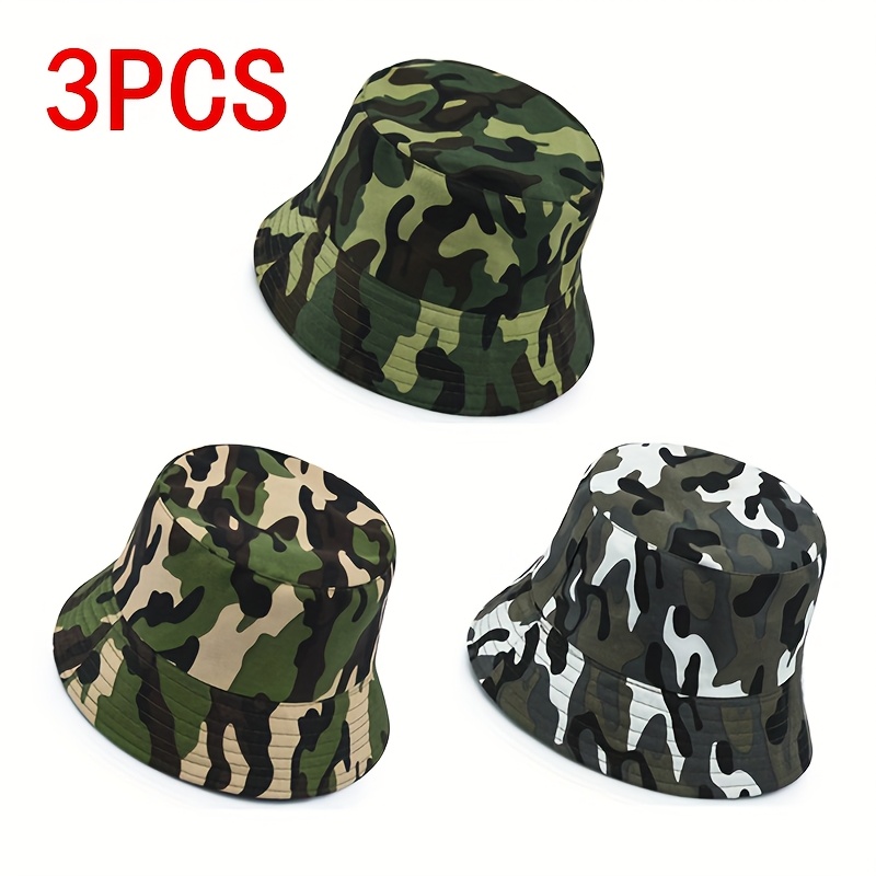 Image of 3pcs Camouflage Pattern Bucket Hats, Camouflage Print Summer Reversible Bucket Hats For Men And Women, Outdoor Casual Bucket Hats