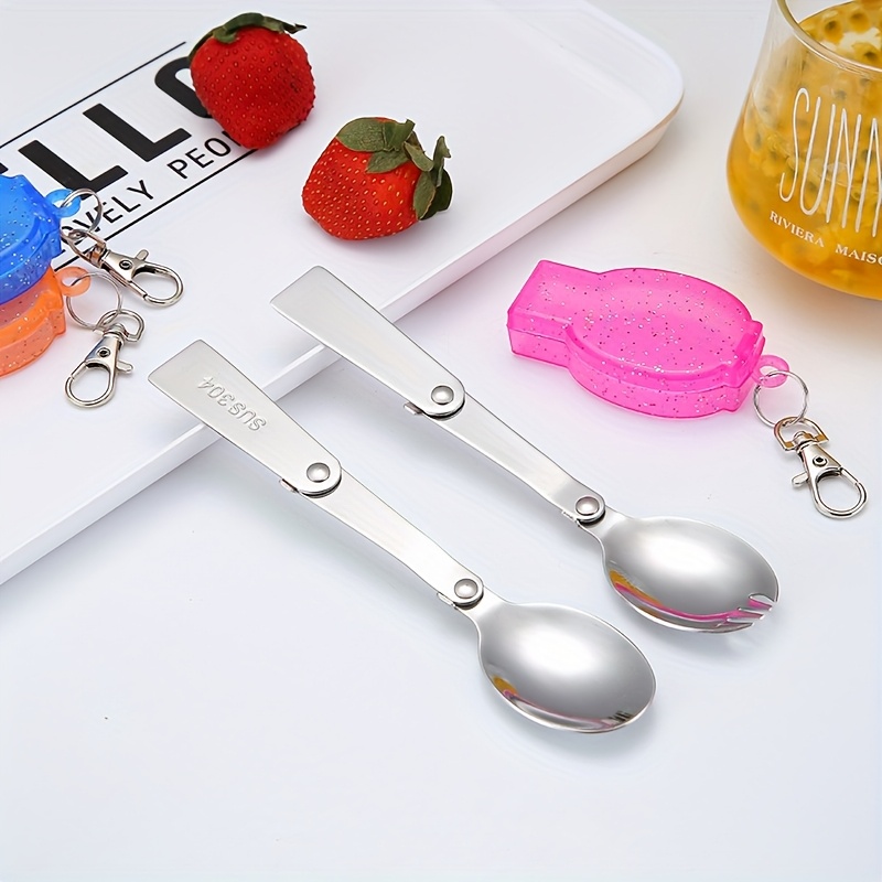 personalized 304 stainless steel   with keychain compact portable fork and spoon set reusable ideal for outdoor camping picnic   orange camping essentials compact tableware durable tableware Product details 1