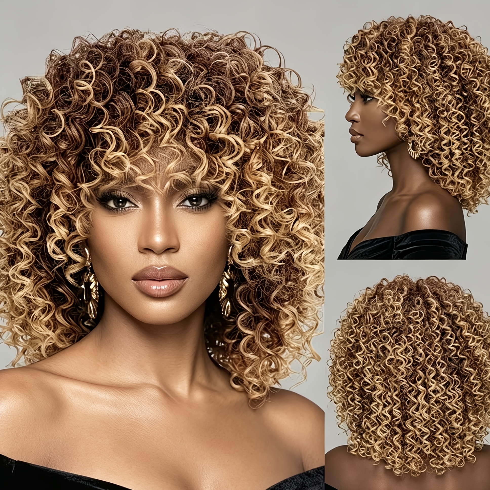 TEMU Acag Short Thick Explosive Small Roll Women's Wig Dark Brown Gradient Golden Curly Hair 16 Inches, High Temperature Fiber, Suitable For Women's
