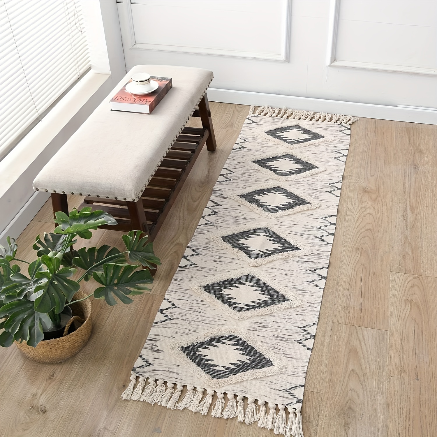 Image of + Tassel Bohemian Bathroom Rug 2x3 Feet Farmhouse Bath Mat, Small Boho Bathroom Carpet With Fringe