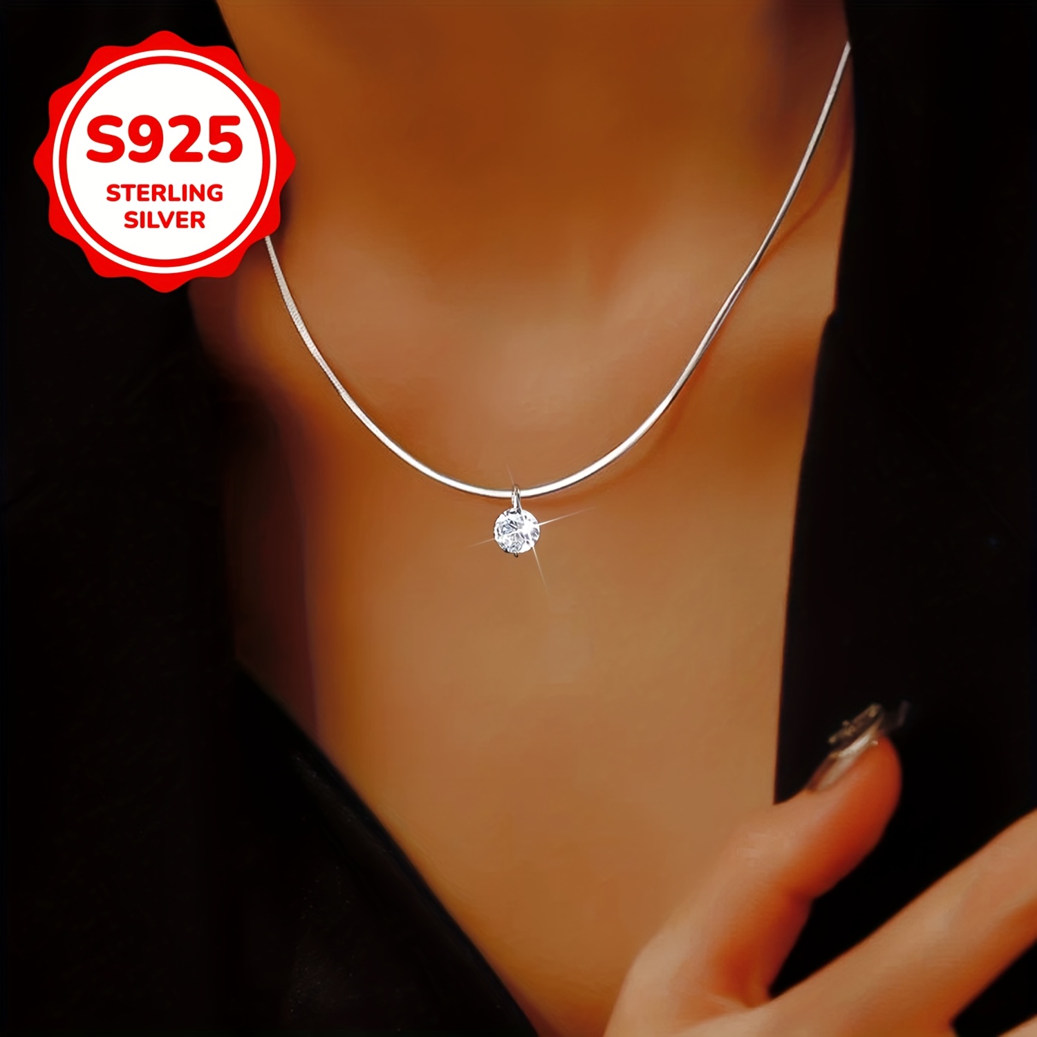 Women's S925 Sterling Silver Snake Chain Necklace with Cubic Zirconia Pendant