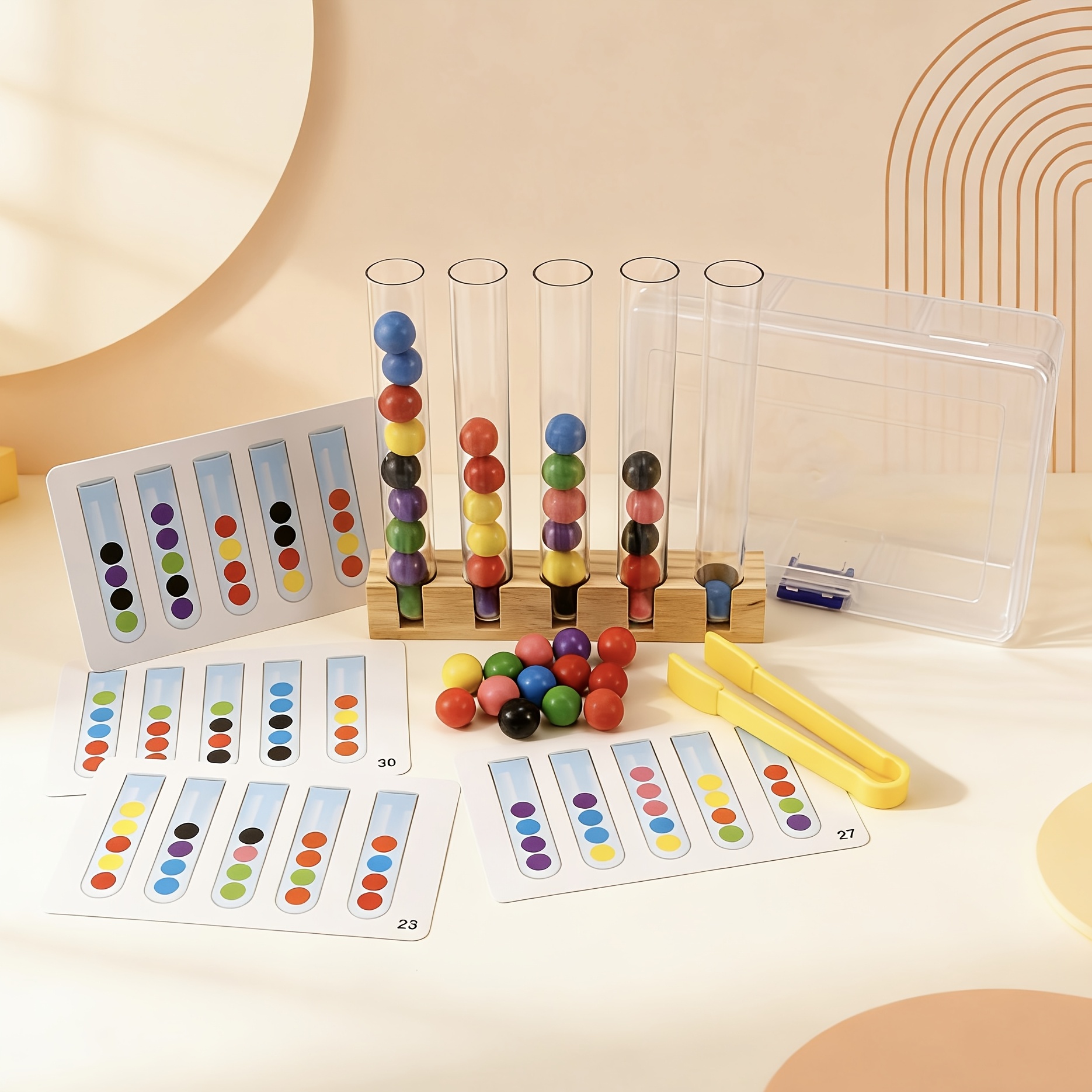Image of Toy For The Bead Sorting With Test Tube Clips, -in-one Challenge For Children To Classify And Match Colored Wooden Beads. It Enhances Hand-eye Coordination, Imagination, And Thinking