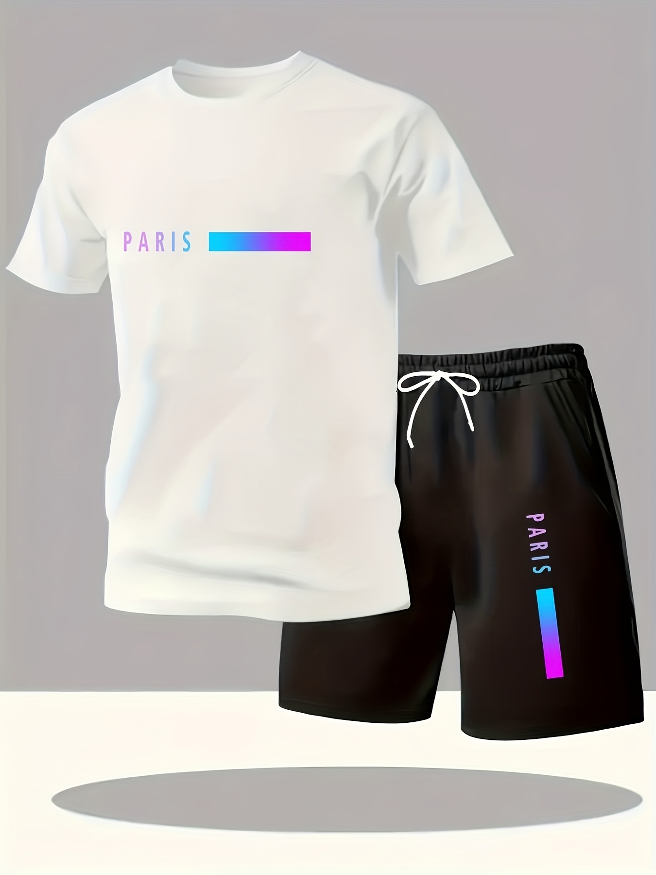 Paris Gradient Letter Print Men's Two-Piece Set: Crew Neck Short Sleeve T-Shirt and Drawstring Shorts Summer Casual Sportswear