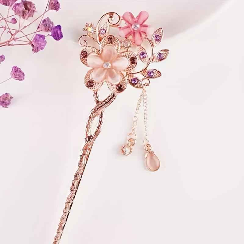 5pcs new chinese hairpin step shaking cats eye stone twin flower classical hairpin bun hair ethnic style headdress suitable for   holiday dressing prom sending to family and     in   Product details 1
