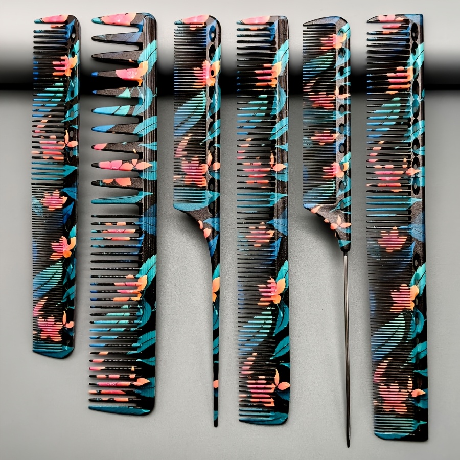 TEMU 6pcss Hairdressing Comb Hairdresser Use Set Graffiti Color Pattern Spiral Tooth Double-sided Wide Tooth 6pcs Barber Comb, Suitable For Men/women