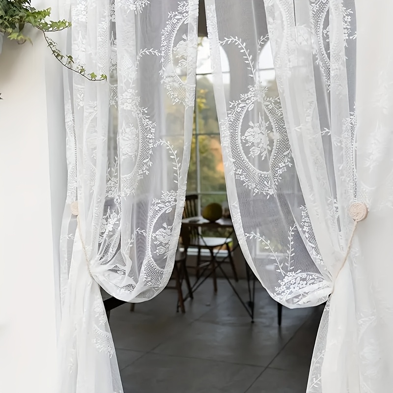 Image of 2pcs Of French Lace Curtains, Romantic European Style Living Room Balcony Window Screen, Retro Embroidery Flower Mirror Flower Finished Door Curtain With Pole