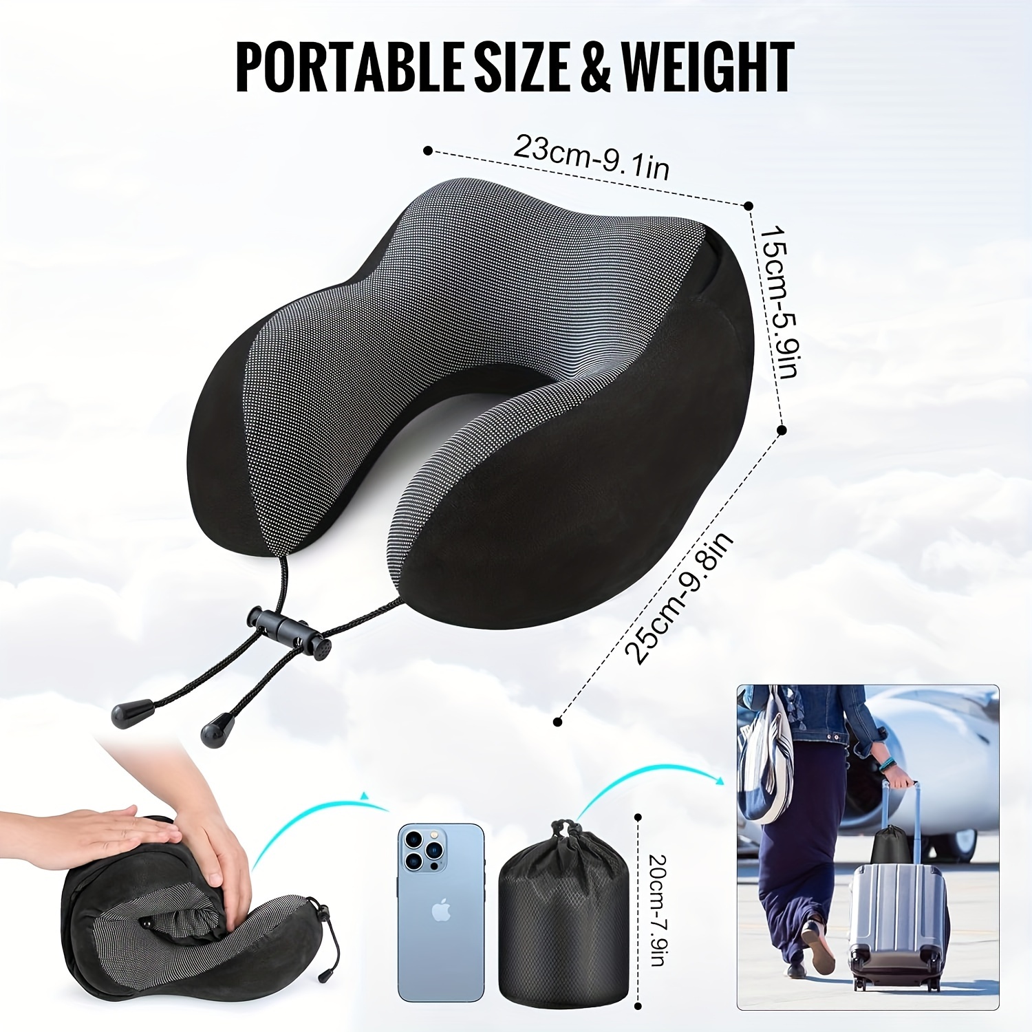 1pc black travel pillow with bag neck pillow for travel with hood for airplane velvet memory foam neck pillow adult head neck support for long flights plane   sleeping rest details 2