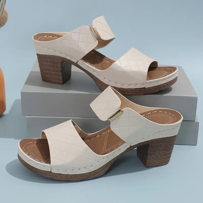 womens chunky heel slides double bands slip on summer sandals comfortable soft sole footwear details 5