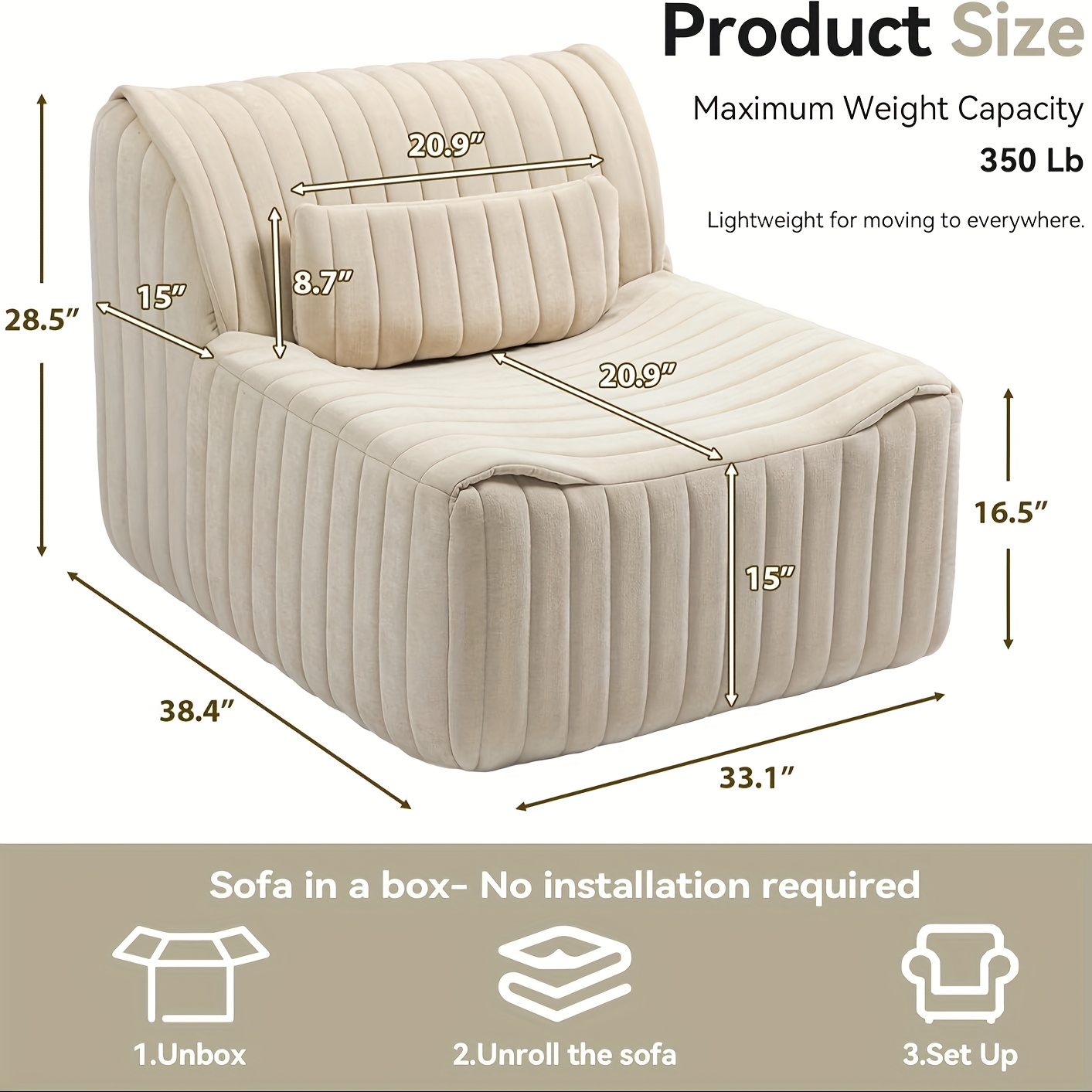 Chenille Bean Bag Chair For Adults With Ottoman - Memory Foam Filled, Armrests & Back Support