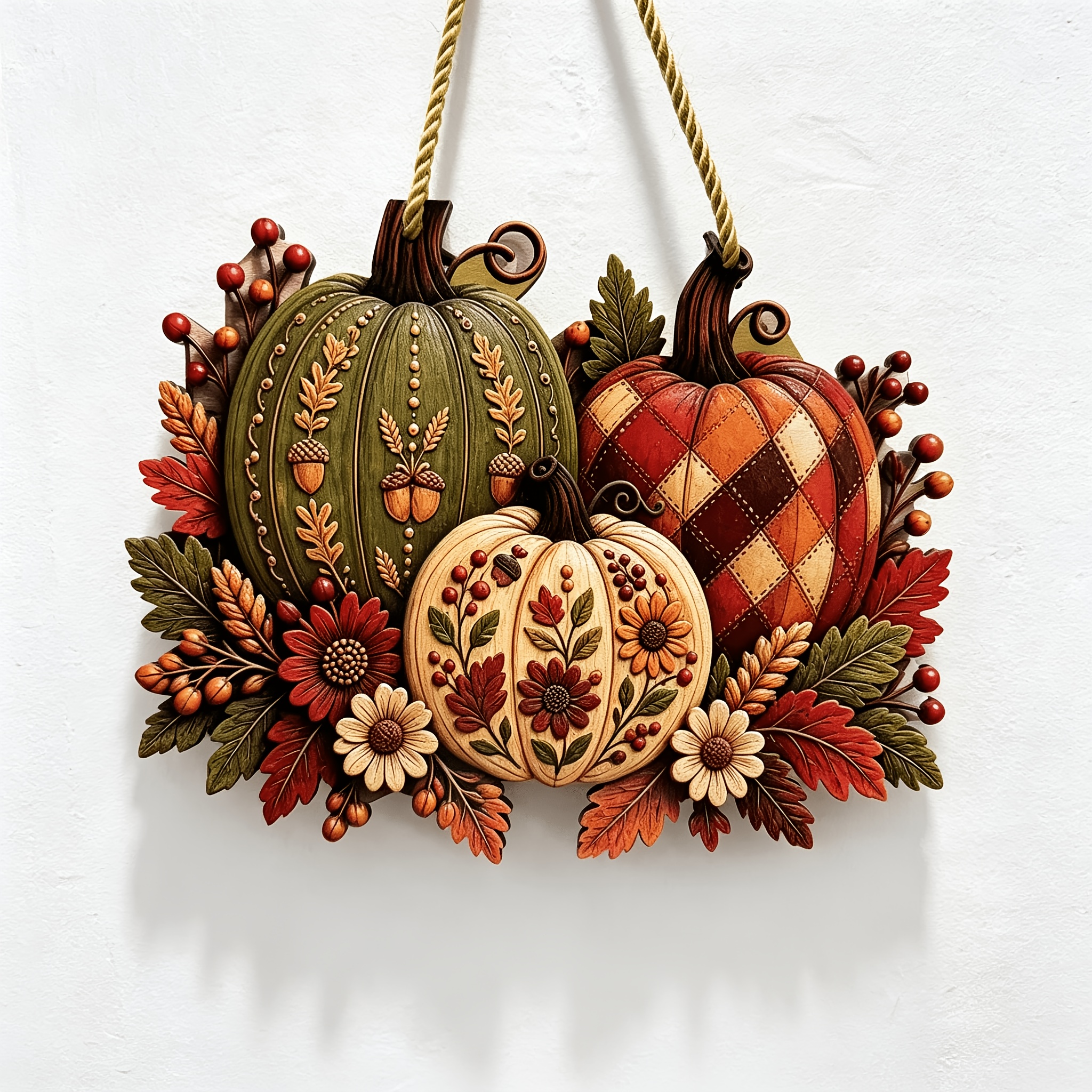 TEMU 1 Autumn Pumpkin Door Hanging, Featuring 3 Pumpkins In A Rustic Farmhouse Style, With Maple Leaf, Berry, And Daisy Patterns, Perfect As A