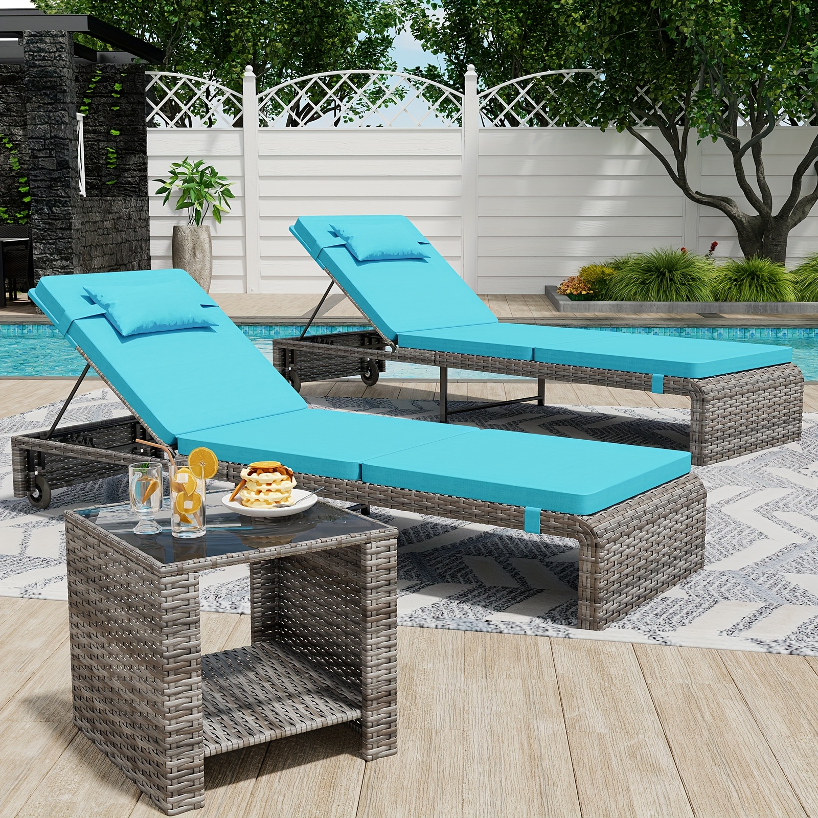 Lounge Chair Set, 3pcs Outdoor Modern Patio Furniture Lounge Chairs Set of 2 with Adjustable Backrest And Side Table, Durable PE Wicker, Weather Resistant Cushions, Blue