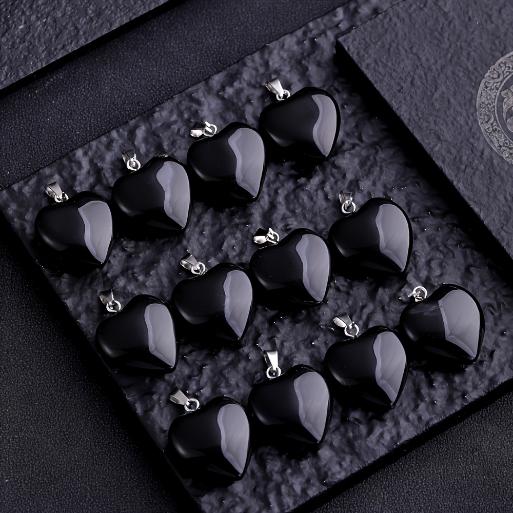 TEMU 12pcs Crystal Obsidian Heart Pendant Charms - Fashion Gemstone Quartz Love Heart Charms, Suitable For Necklaces, Bracelets, Keychains Jewelry