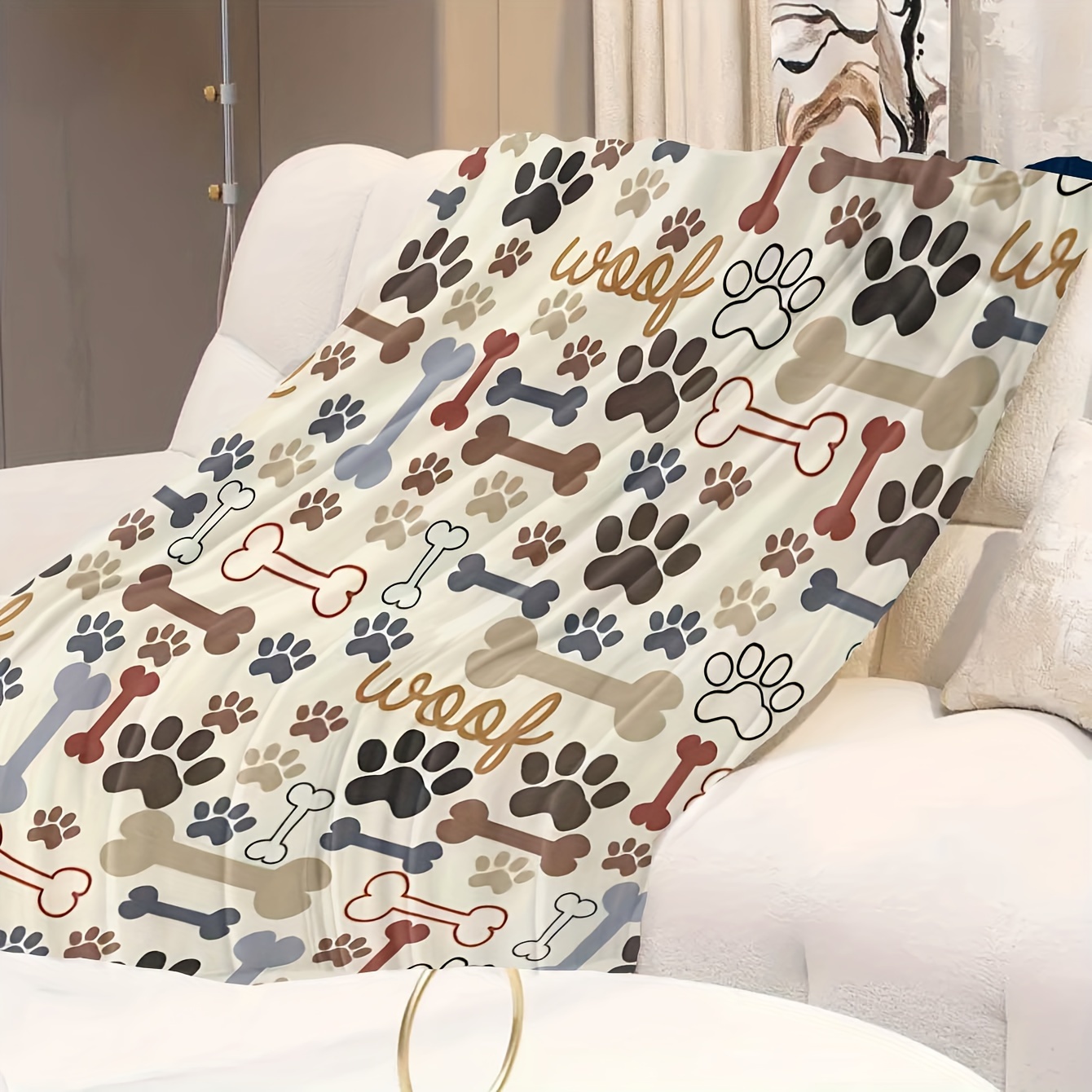 

1pc Fleece Dog Paw & Pattern Blanket - For Sofa, , Camping, Bed, Nap, Tv - , Polyester, - For