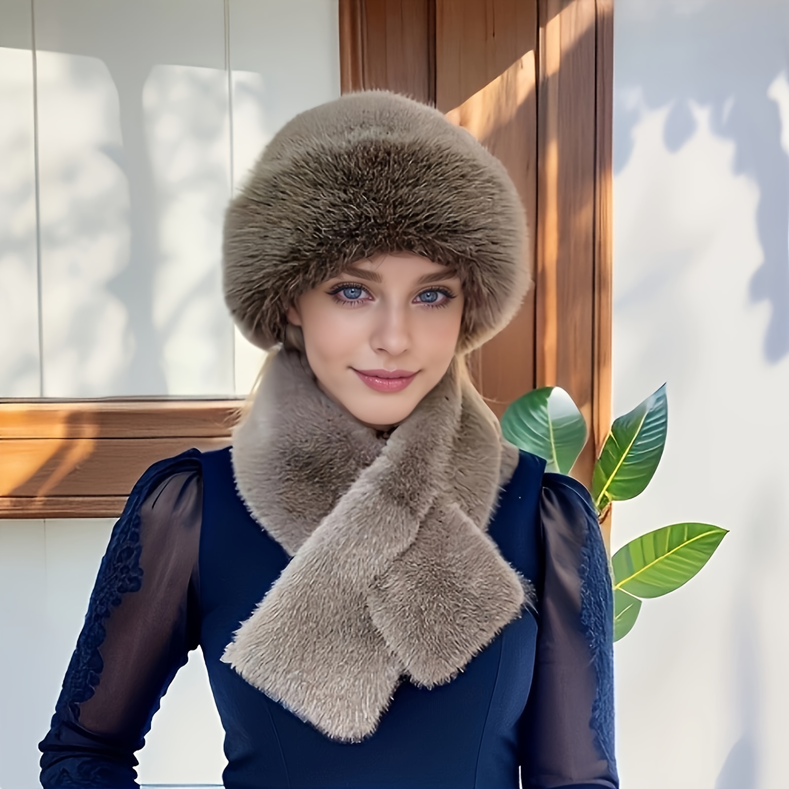 

Women's Cozy Fur Hat & Scarf - Warm, Knit Winter Ear Warmer With Button Closure, Solid Color, Hand Wash Only