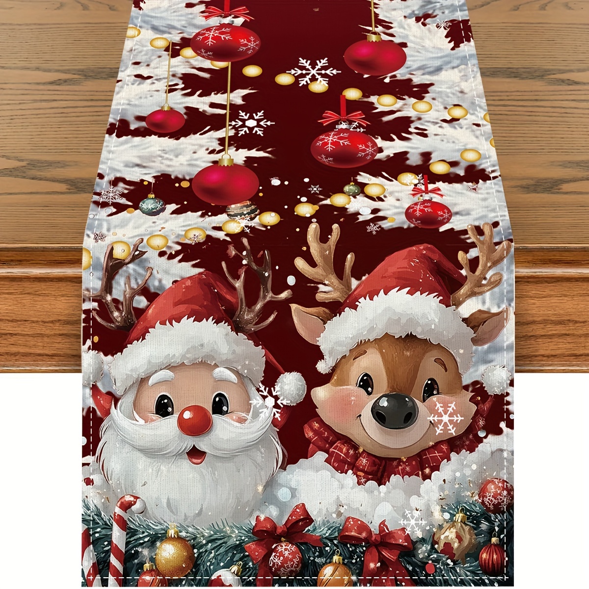 

Christmas Reindeer & Santa Claus Table Runner - 100% Polyester Woven Rectangular Table Decoration, Home Decor For , Machine Washable