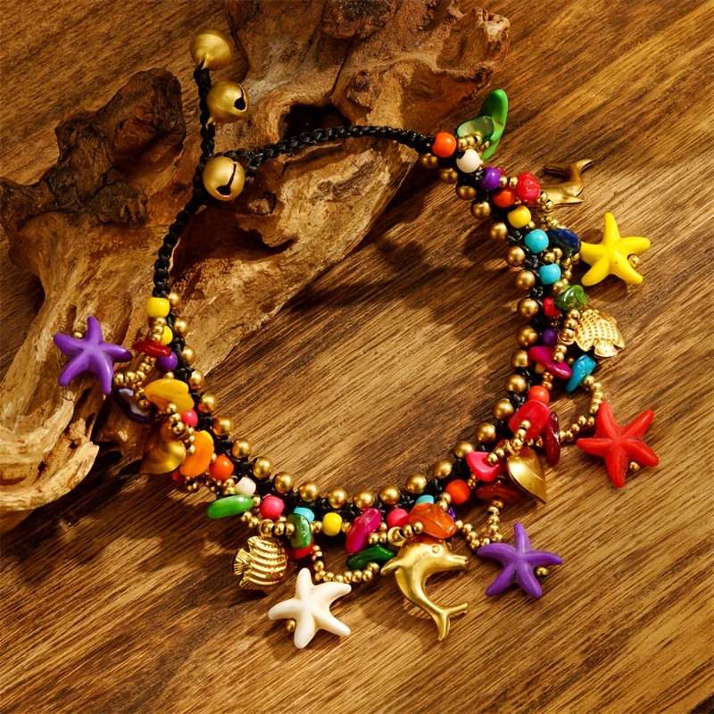 Image of 1pc Bohemian Woven Anklet, Natural Colored Malachite, Starfish, , Cute Dolphin, Heart Pendant Decorations, Suitable For Daily Vacation Party Beach Wear Fashion Women's Anklet