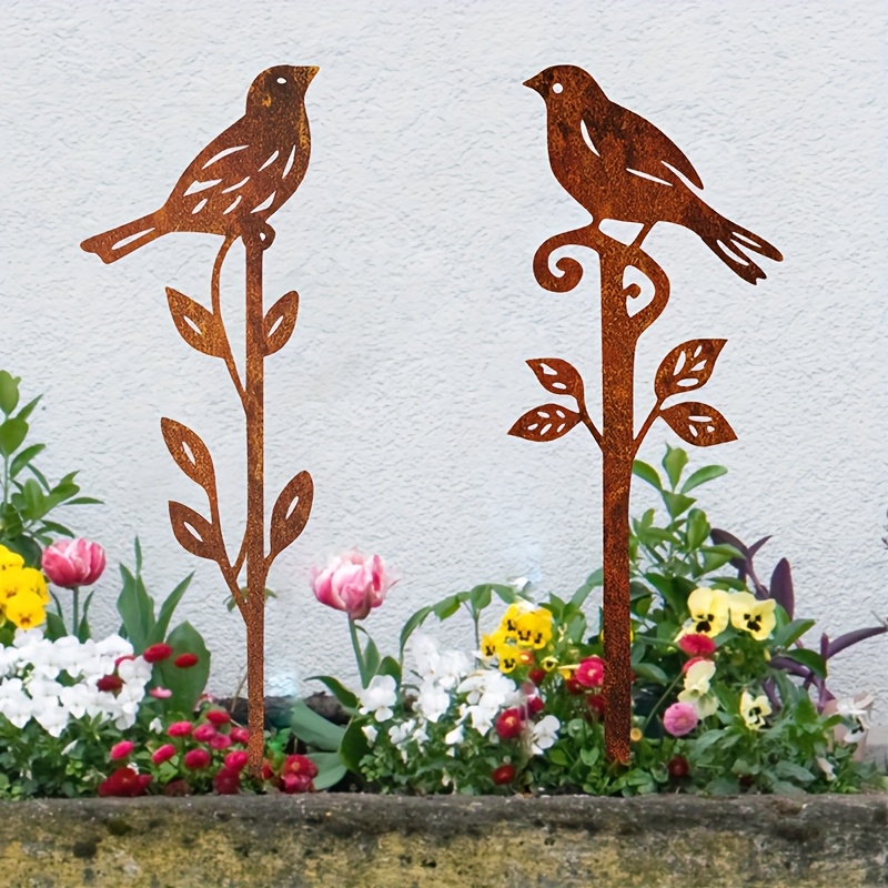 2pcs Rustic Iron Garden Stake With Bird & Plant Design, Iron Rusty End, Perfect Decoration For Flower Bed, Yard, Fence, Or Patio