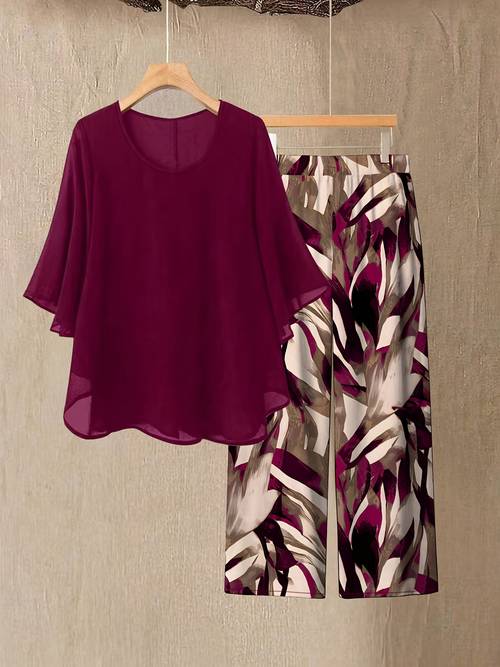 plus size, elegante plus-size 2-teiliges set mit ausgestellten ärmeln, abstrakter pinselstrich-druck weitbeinige hose, lockerer schnitt schmeichelnd, modische damenbekleidung in übergröße